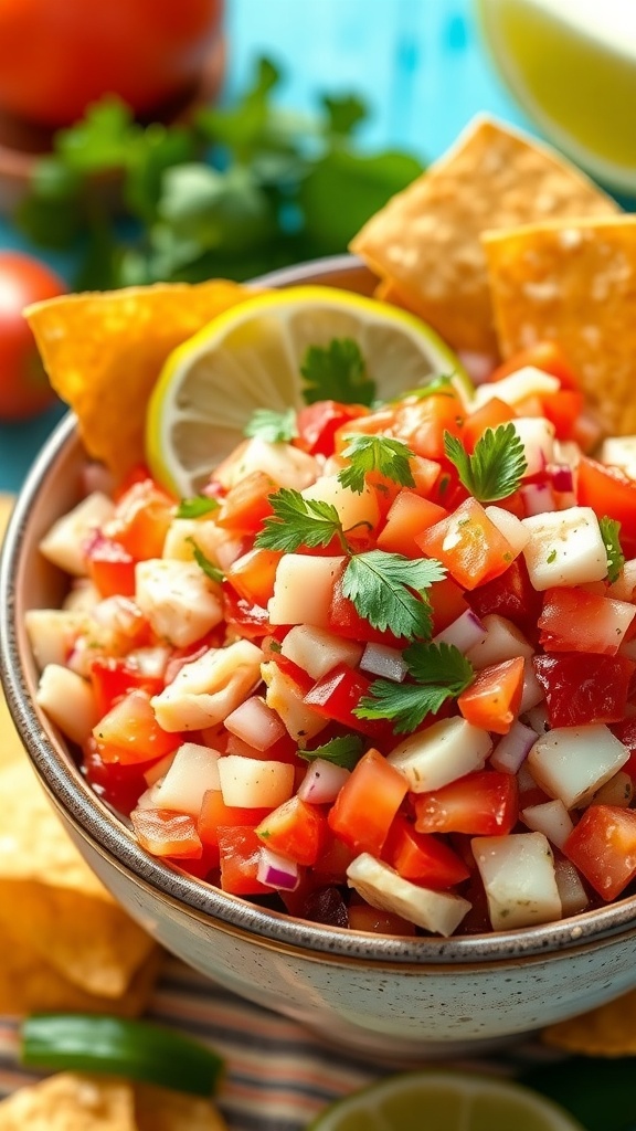 Fresh Crab Ceviche Recipe A bowl of crab ceviche with crab meat, tomatoes, onions, and cilantro, served with tortilla chips and lime wedges.